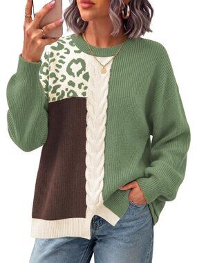 Women's Green NEW Oversized Fall Fashion Clothes Contrast Cable Trendy Sweaters